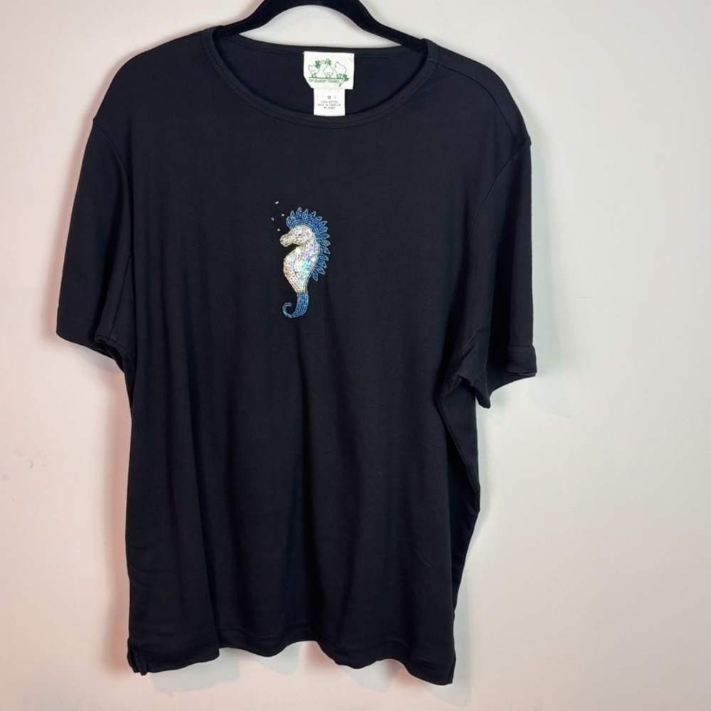 The Quacker Factory Womens Black 100% Cotton Beaded Seahorse Tee size 1X NWT!